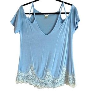 Blue Lace Trim Blouse Cold Shoulder Cut Out Medium Large Strappy Top Self E